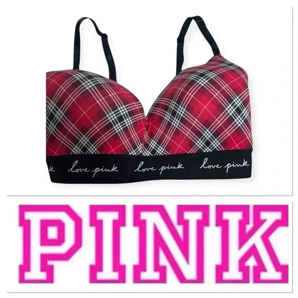 Pink Victoria’s Secret wear anywhere lightly lined red plaid bra size 34DD - Picture 1 of 11